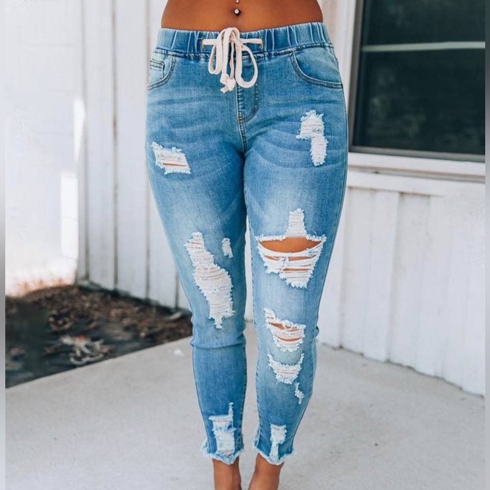 MELAREY DISTRESSED DENIM JOGGERS- Plus Size